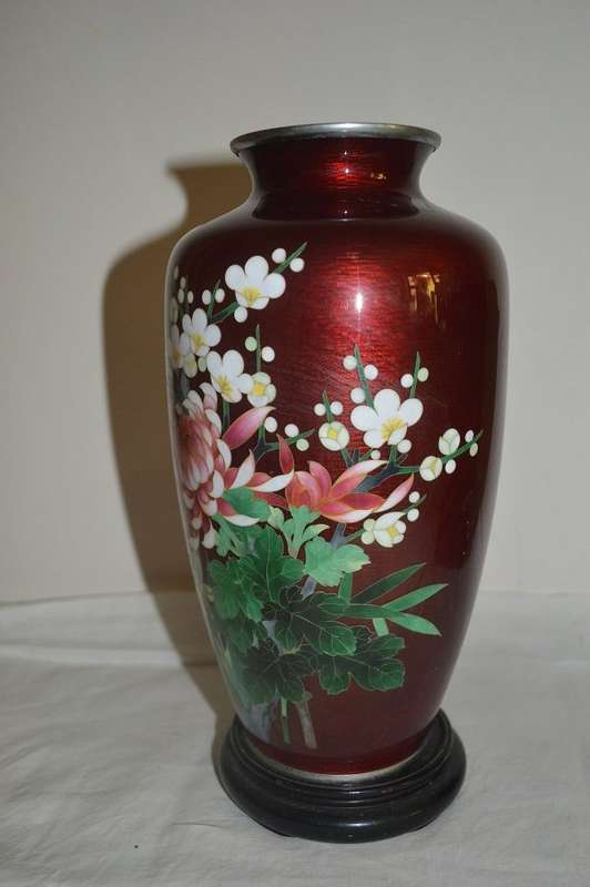 Japanese Cloisonné Vase with Ginbari Red  tall 10` 25cm