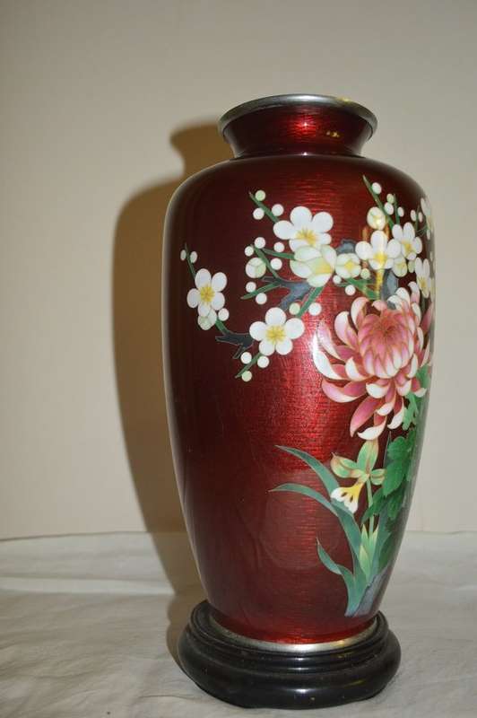 Japanese Cloisonné Vase with Ginbari Red  tall 10` 25cm