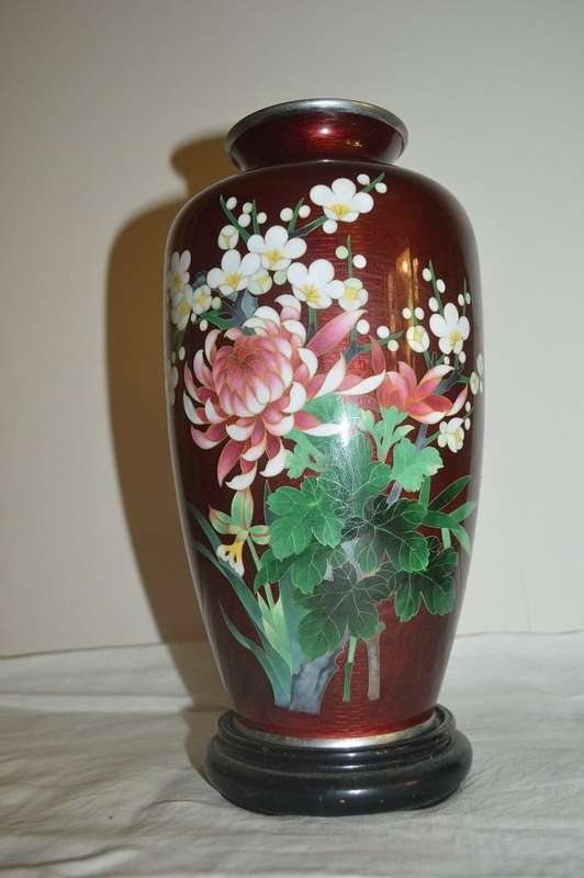 Japanese Cloisonné Vase with Ginbari Red  tall 10` 25cm