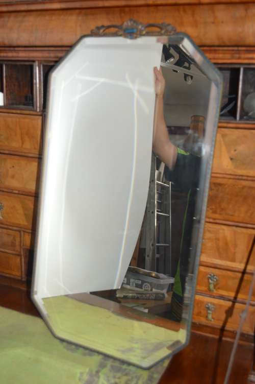 Stunning large Antique wall mirror with bevelled glass and enamel blue inlay