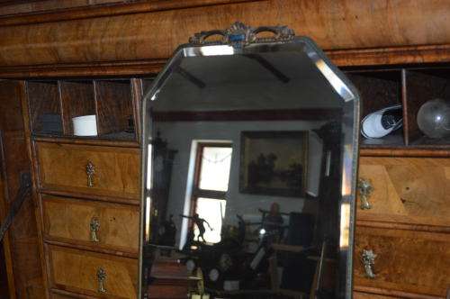 Stunning large Antique wall mirror with bevelled glass and enamel blue inlay
