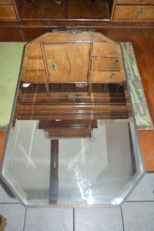 Stunning large Antique wall mirror with bevelled glass and enamel blue inlay