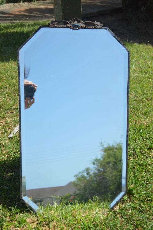 Stunning large Antique wall mirror with bevelled glass and enamel blue inlay