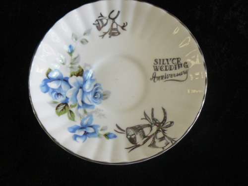 SILVER WEDDING ANNIVERSARY  SOUCER WITH GOLD RIM 13.5 CM