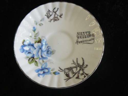 SILVER WEDDING ANNIVERSARY  SOUCER WITH GOLD RIM 13.5 CM