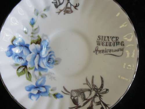 SILVER WEDDING ANNIVERSARY  SOUCER WITH GOLD RIM 13.5 CM