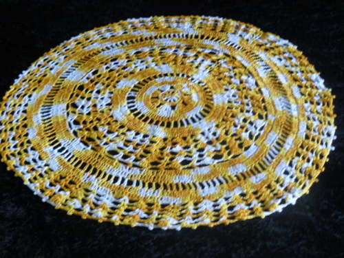 HAND CROCHETED ORANGE AND WHITE COTTON DOILIE 55 CM