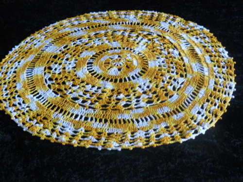 HAND CROCHETED ORANGE AND WHITE COTTON DOILIE 55 CM