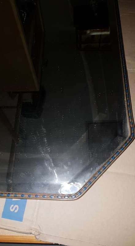 Stunning large Antique wall mirror with bevelled glass and enamel blue inlay
