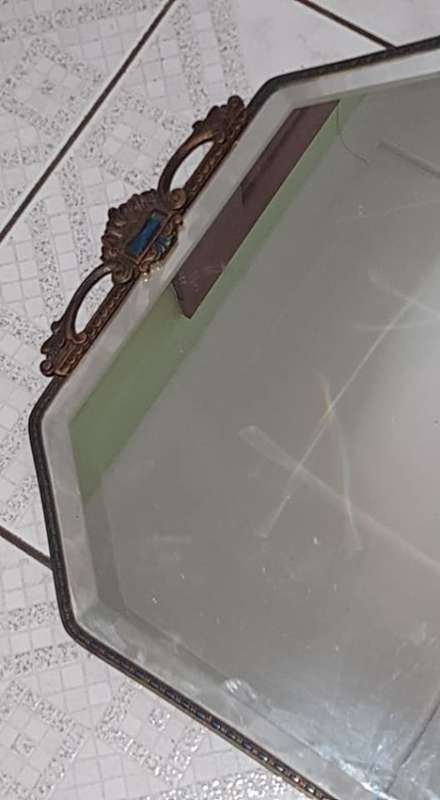 Stunning large Antique wall mirror with bevelled glass and enamel blue inlay