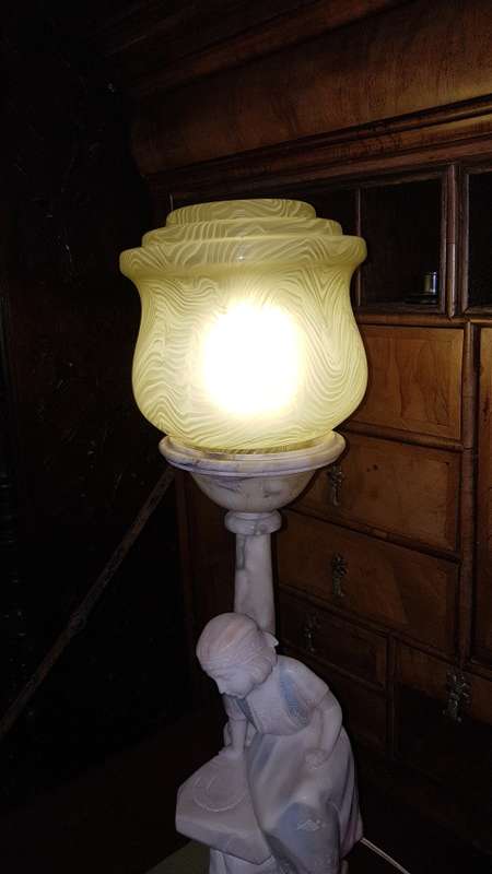 Large Art deco Italian alabaster lamp of lady sitting at a street lamp. REDUCED