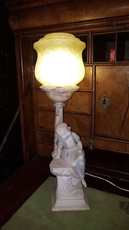 Large Art deco Italian alabaster lamp of lady sitting at a street lamp. REDUCED