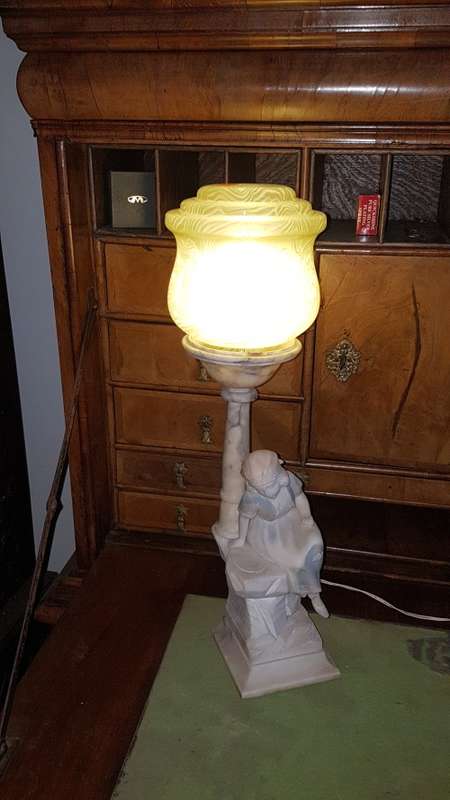 Large Art deco Italian alabaster lamp of lady sitting at a street lamp. REDUCED