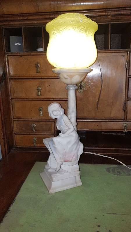 Large Art deco Italian alabaster lamp of lady sitting at a street lamp. REDUCED