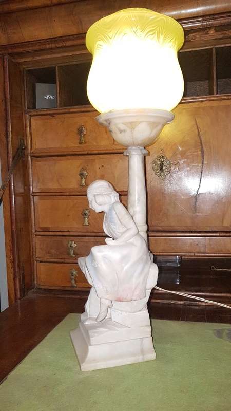 Large Art deco Italian alabaster lamp of lady sitting at a street lamp. REDUCED