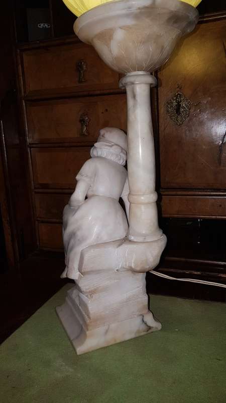 Large Art deco Italian alabaster lamp of lady sitting at a street lamp. REDUCED