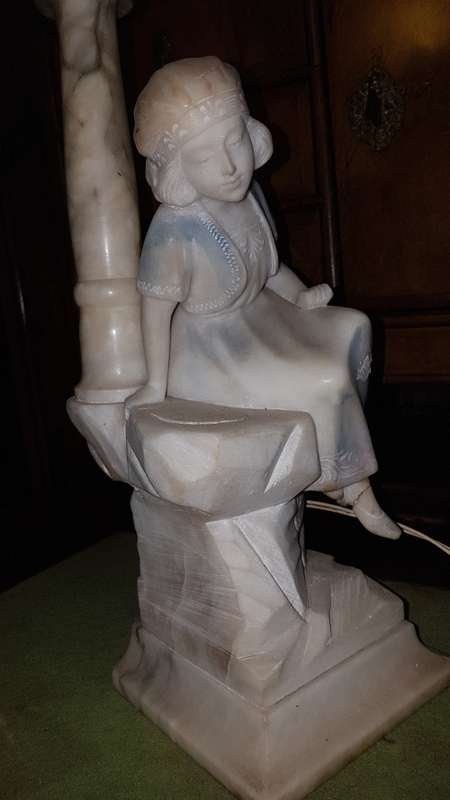 Large Art deco Italian alabaster lamp of lady sitting at a street lamp. REDUCED