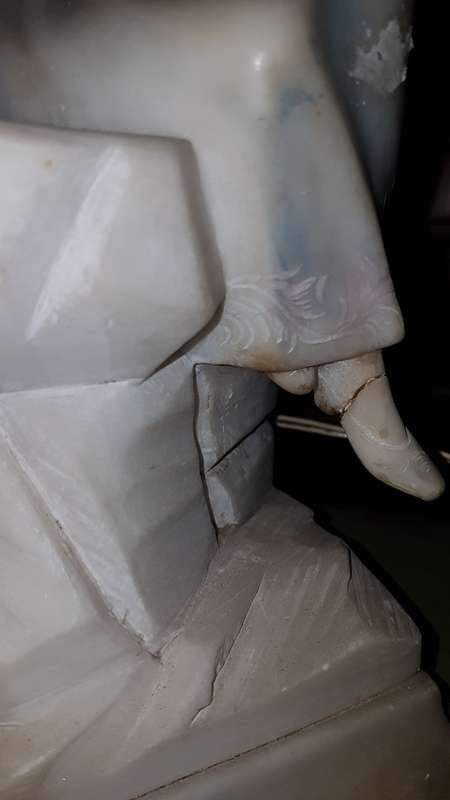Large Art deco Italian alabaster lamp of lady sitting at a street lamp. REDUCED