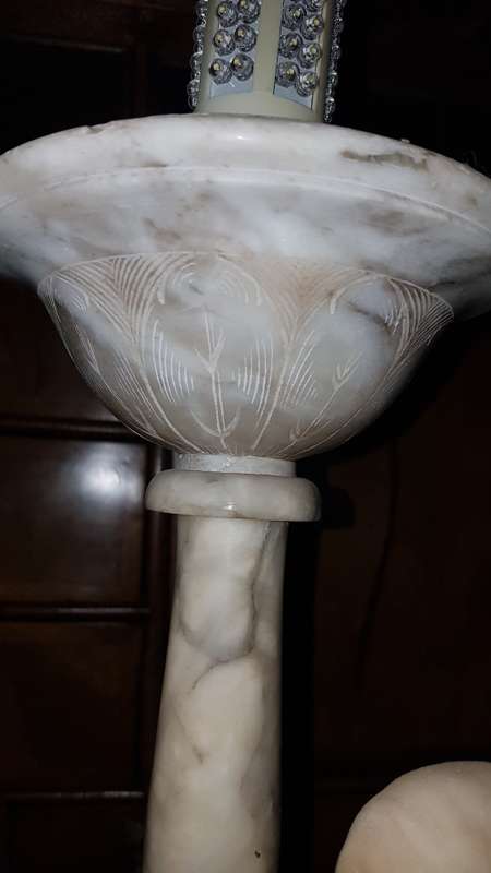 Large Art deco Italian alabaster lamp of lady sitting at a street lamp. REDUCED