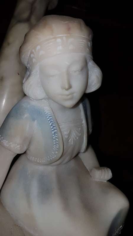 Large Art deco Italian alabaster lamp of lady sitting at a street lamp. REDUCED