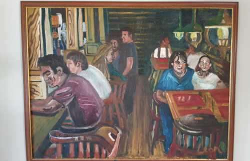 Oil on canvas very large bar / resturant scene signed Leon