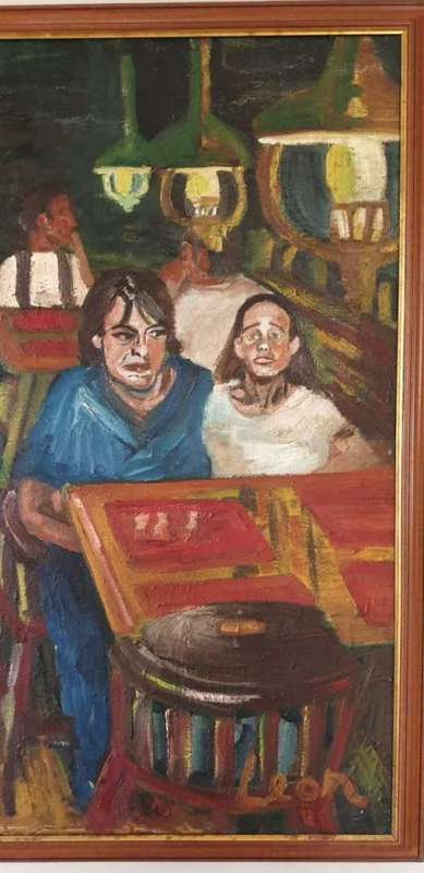 Oil on canvas very large bar / resturant scene signed Leon