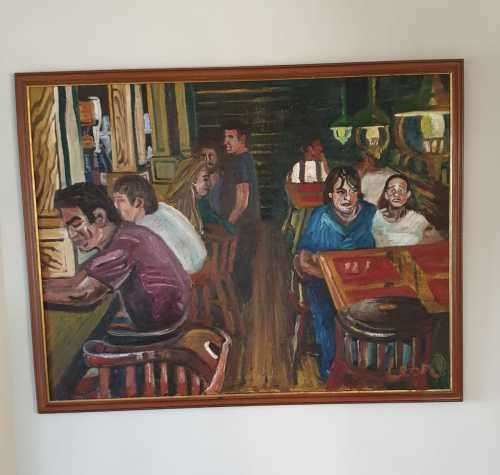 Oil on canvas very large bar / resturant scene signed Leon