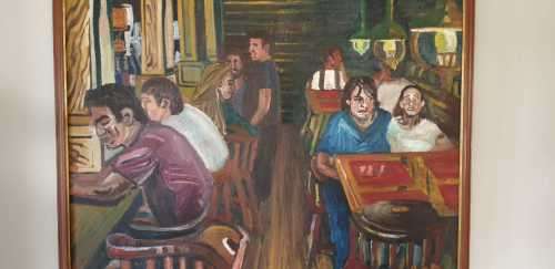 Oil on canvas very large bar / resturant scene signed Leon