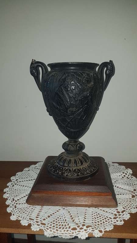 Antique spelter urn/vase with crane and hawk detail 35cm tall  REDUCED