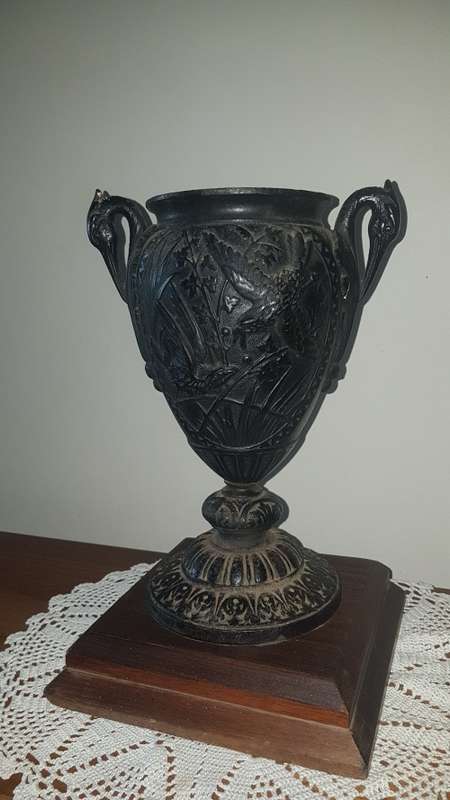 Antique spelter urn/vase with crane and hawk detail 35cm tall  REDUCED