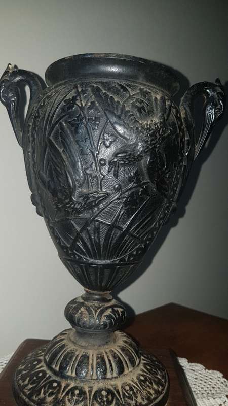 Antique spelter urn/vase with crane and hawk detail 35cm tall  REDUCED