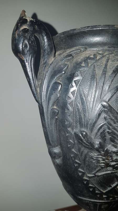 Antique spelter urn/vase with crane and hawk detail 35cm tall  REDUCED