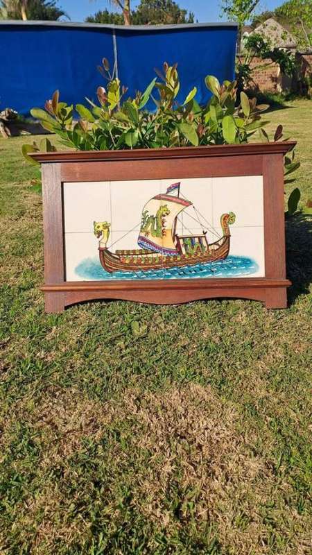 Vintage original hand painted tiles backslash or wall art. Mahogany frame