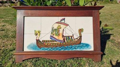 Vintage original hand painted tiles backslash or wall art. Mahogany frame
