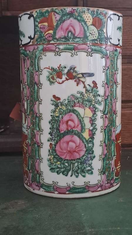 large Chinese Porcelain Famille Rose Canton Cylinder Vase