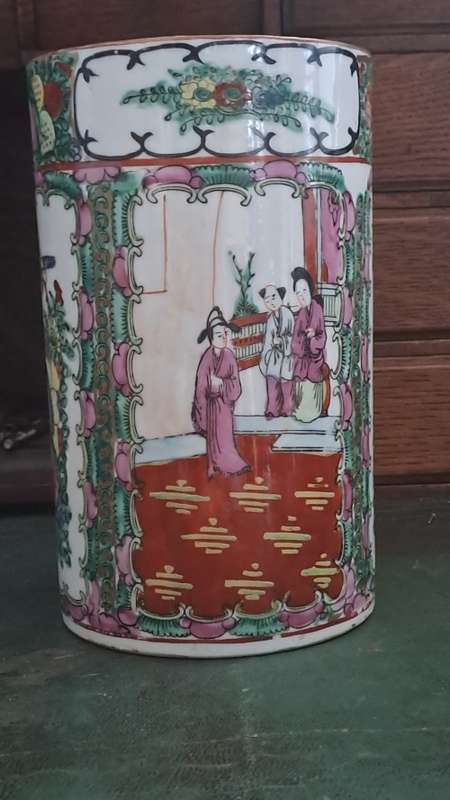 large Chinese Porcelain Famille Rose Canton Cylinder Vase