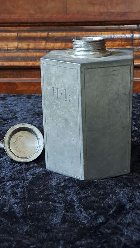 late 1800`s hexagon screw top pewter bottle RARE