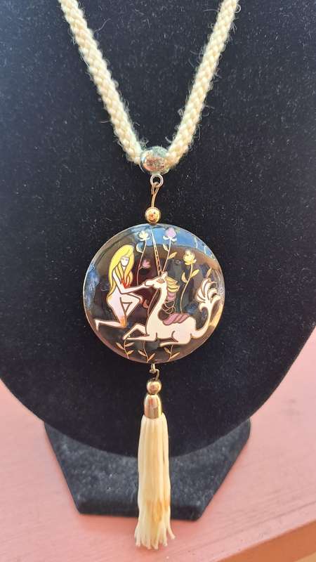 Lovely hand painted enamel tasseled pendant with cotton necklace
