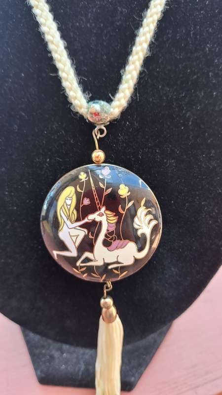 Lovely hand painted enamel tasseled pendant with cotton necklace