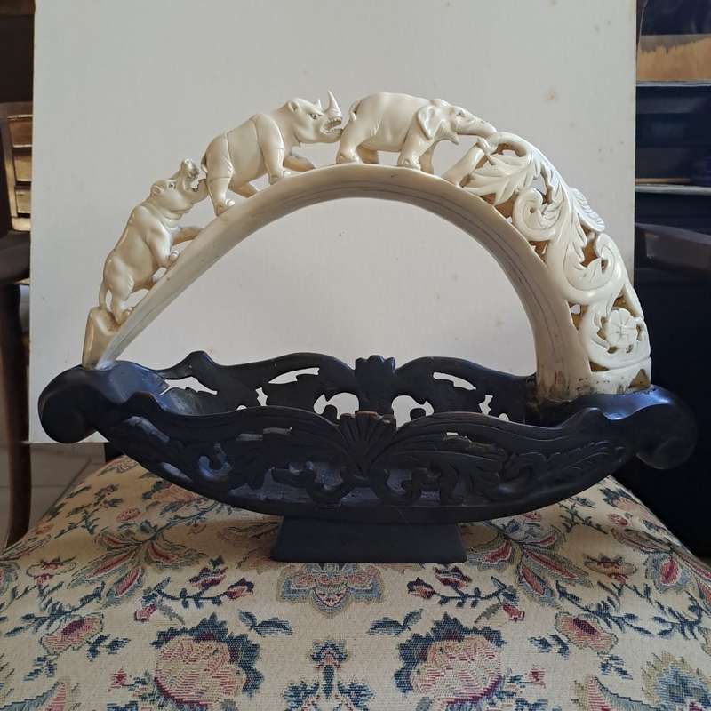 Very Large 45cm carved bone  with carved ebonised bowl