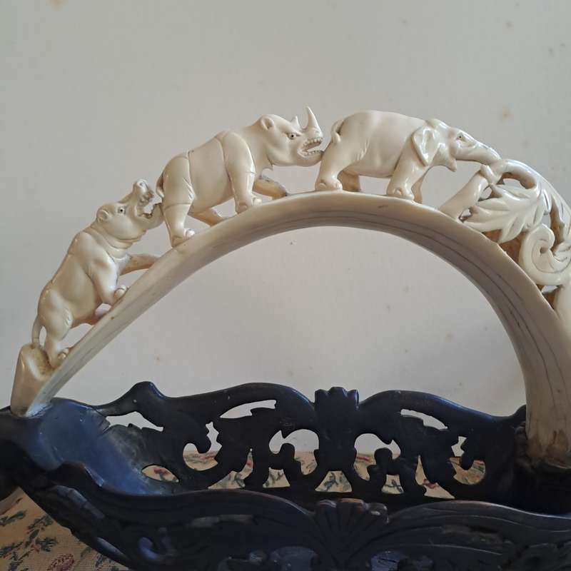 Very Large 45cm carved bone  with carved ebonised bowl