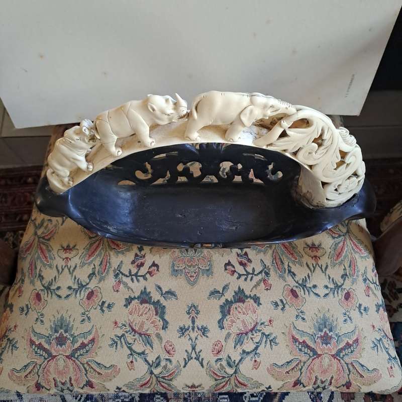 Very Large 45cm carved bone  with carved ebonised bowl
