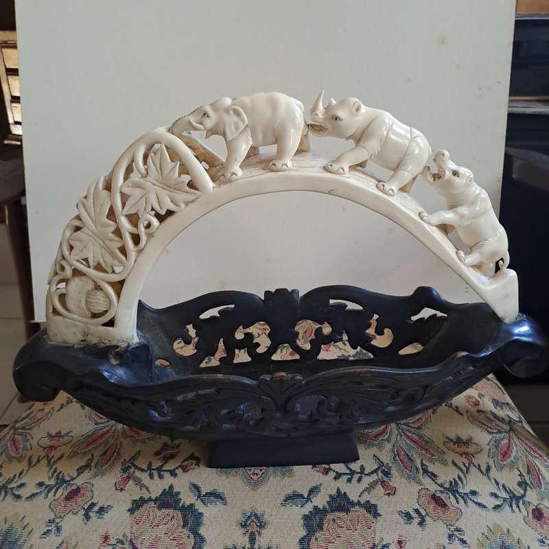 Very Large 45cm carved bone  with carved ebonised bowl