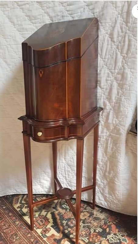 REDUCED Antique Georgian mahogany serpentine letter/knife box on stand with draw