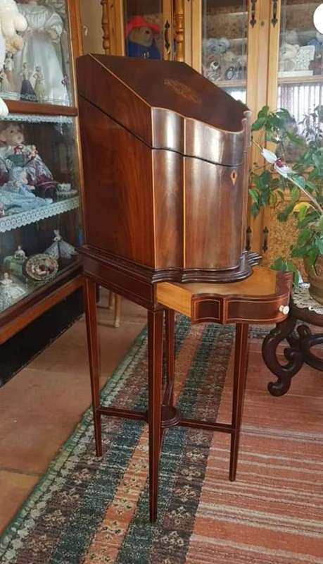 REDUCED Antique Georgian mahogany serpentine letter/knife box on stand with draw