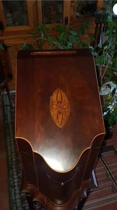 REDUCED Antique Georgian mahogany serpentine letter/knife box on stand with draw