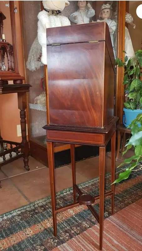 REDUCED Antique Georgian mahogany serpentine letter/knife box on stand with draw
