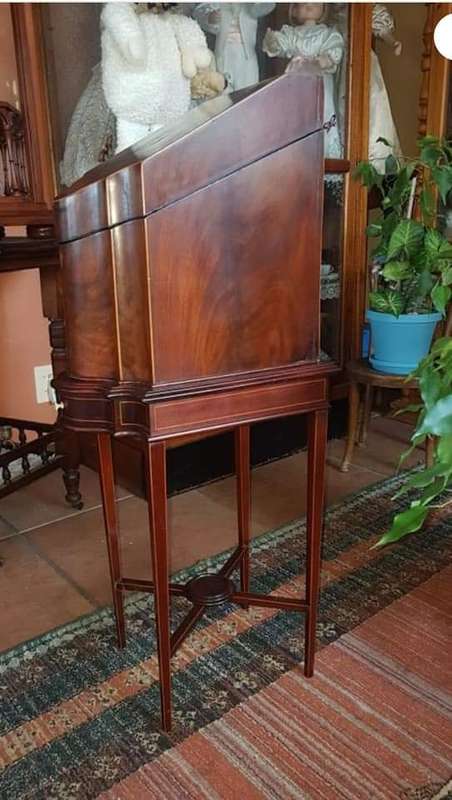 REDUCED Antique Georgian mahogany serpentine letter/knife box on stand with draw
