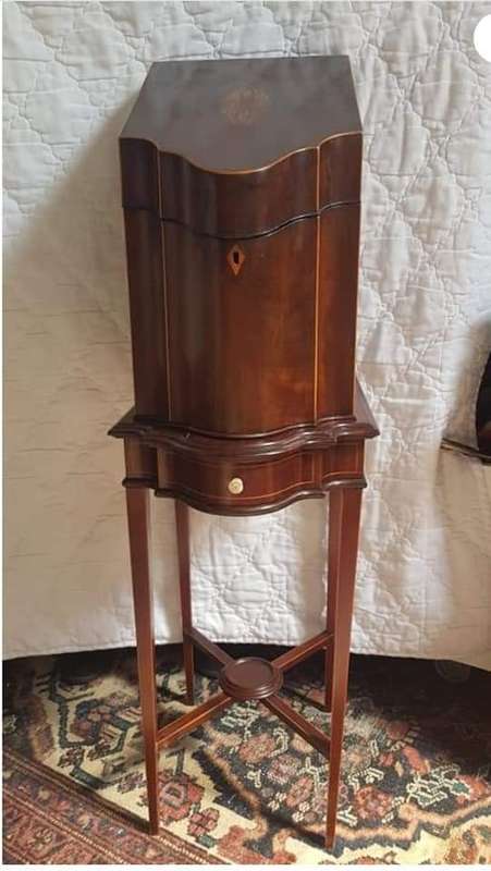 REDUCED Antique Georgian mahogany serpentine letter/knife box on stand with draw
