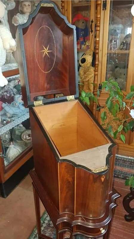 REDUCED Antique Georgian mahogany serpentine letter/knife box on stand with draw